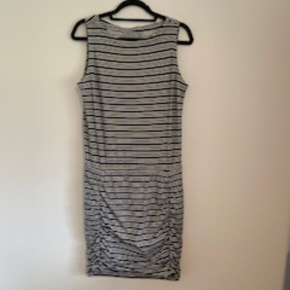 Athleta Tulip Striped Ruched Dress Navy & Cream_Size Medium - Picture 2 of 5